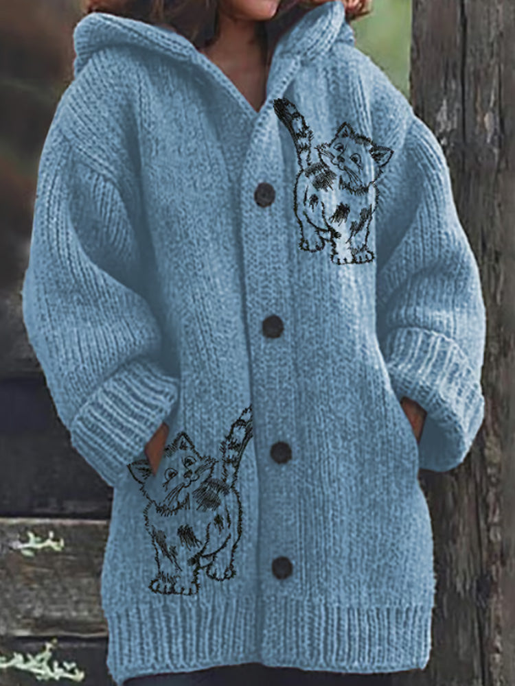 Women's Retro Funny Animal Cat Print Cozy Knitted Hoodie Jacket elevenforest