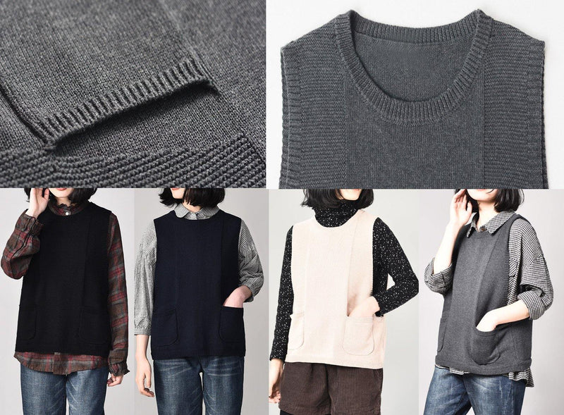 Ästhetischer schwarzer Pullover-Mantel, große Größe, ärmelloses Strick-Top, Rundhals