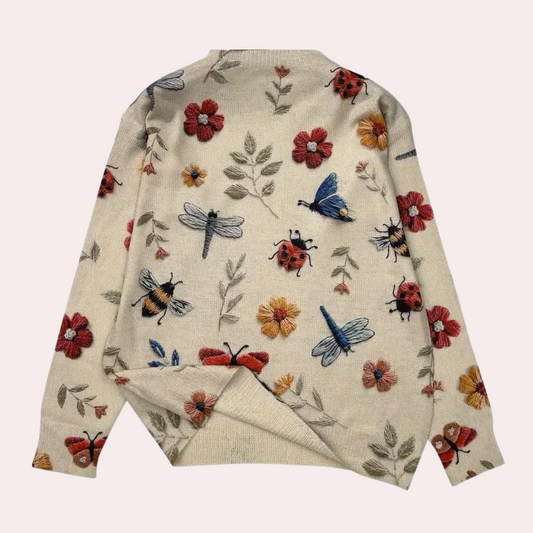 Baumwollpullover mit mehrfarbigen gestrickten Insekten und Blumen