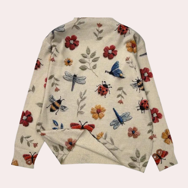 Baumwollpullover mit mehrfarbigen gestrickten Insekten und Blumen