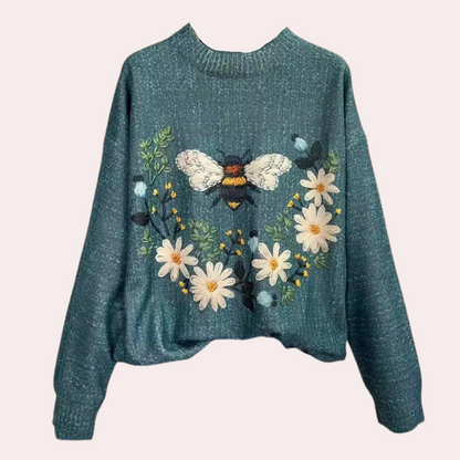 Baumwollpullover mit mehrfarbigen gestrickten Insekten und Blumen