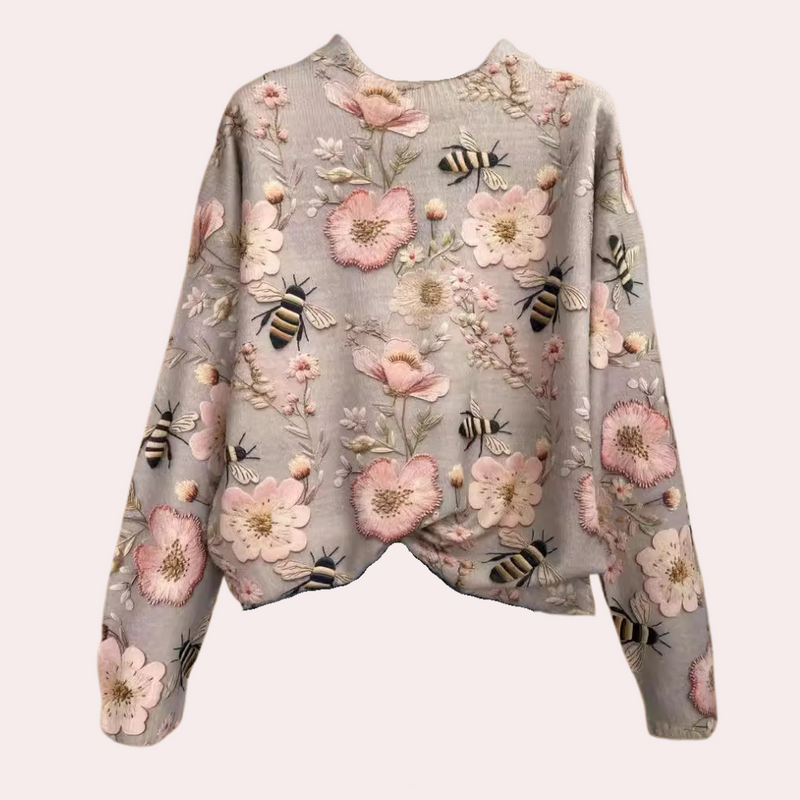 Baumwollpullover mit mehrfarbigen gestrickten Insekten und Blumen