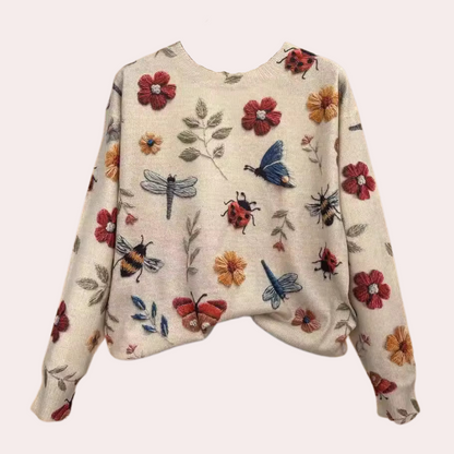 Baumwollpullover mit mehrfarbigen gestrickten Insekten und Blumen