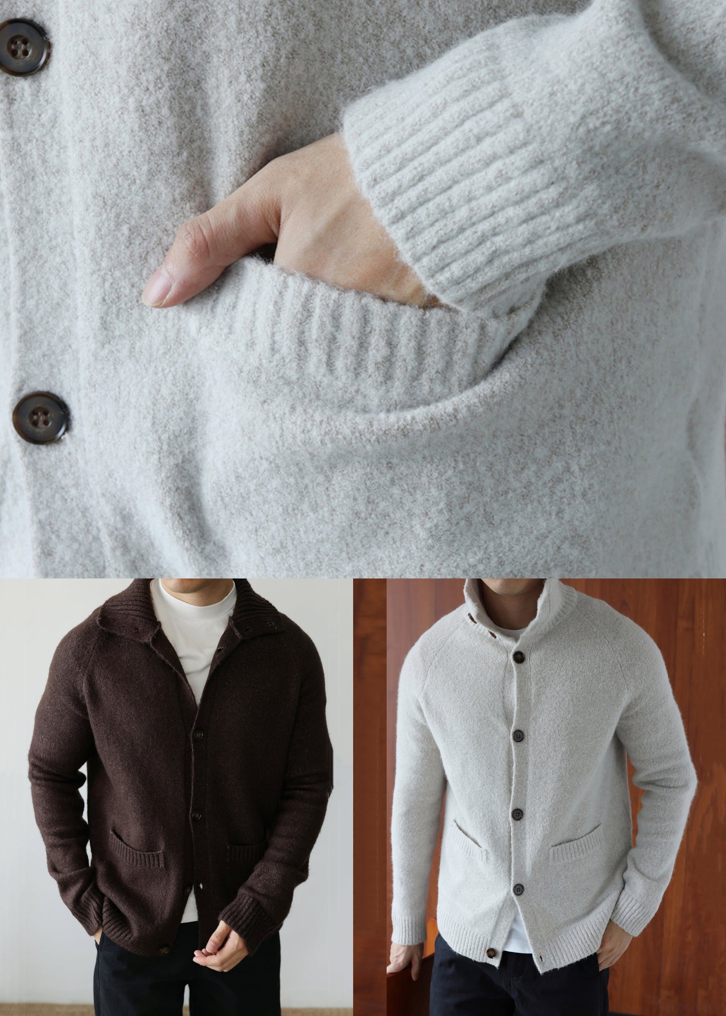 Kaffeebraune gemütliche Baumwoll-Strickjacke mit Taschen und Peter-Pan-Kragen