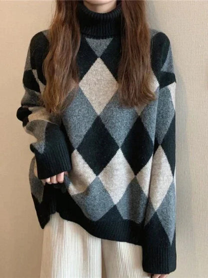 MW | Pullover mit hohem Halsausschnitt im Schachbrettmuster