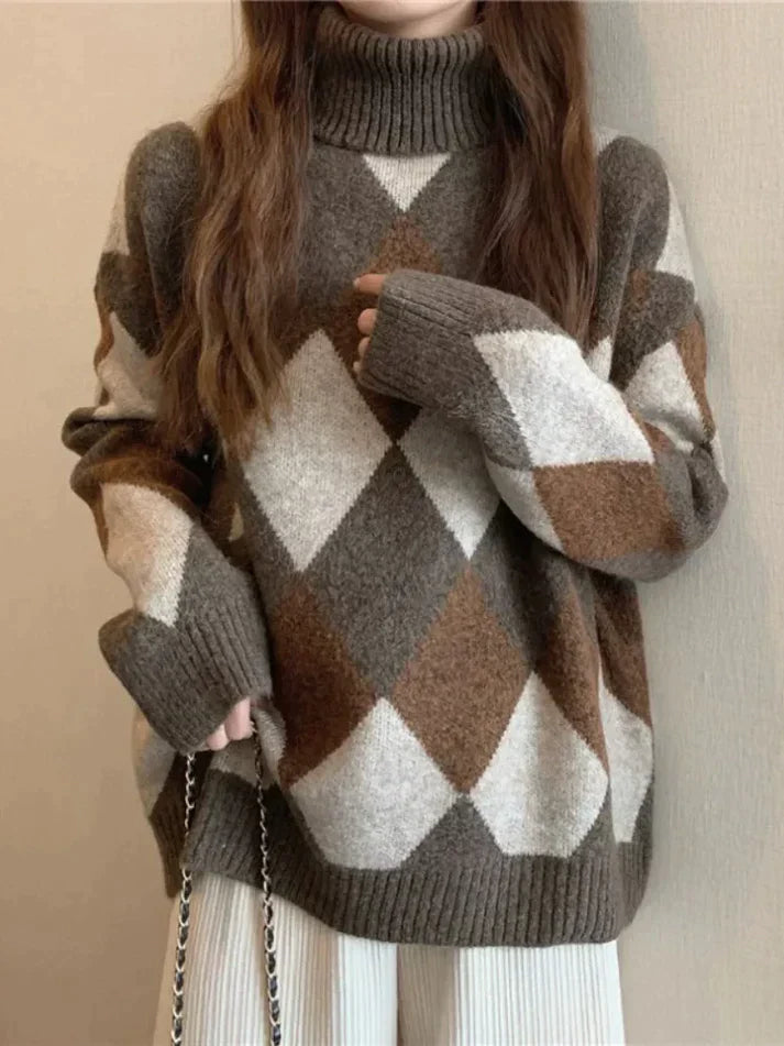 MW | Pullover mit hohem Halsausschnitt im Schachbrettmuster