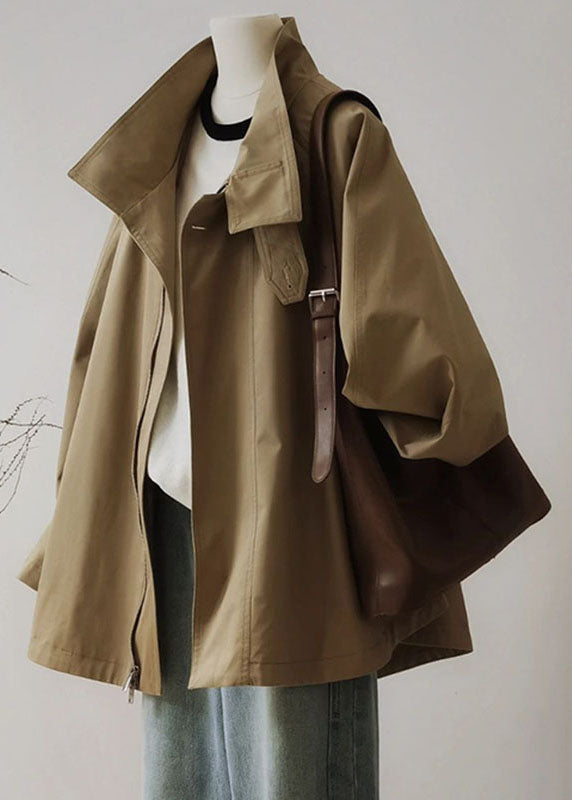 Französischer khakifarbener Trenchcoat mit Peter-Pan-Kragen, Reißverschluss und Patchwork, langärmelig