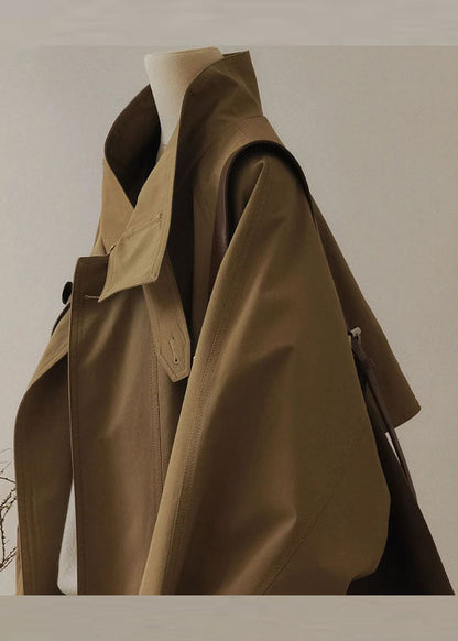 Französischer khakifarbener Trenchcoat mit Peter-Pan-Kragen, Reißverschluss und Patchwork, langärmelig