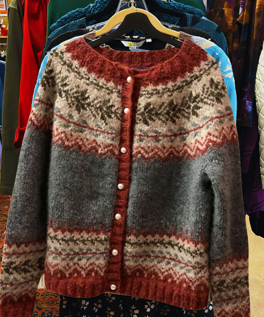Baumwoll-Strickjacke mit roten und cremefarbenen Fair-Isle-Streifen