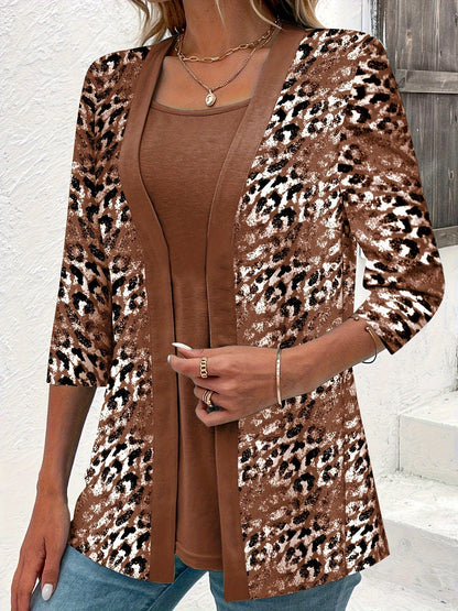 MW Zweiteiliges Set, einfarbiges Oberteil und Strickjacke mit Leopardenmuster