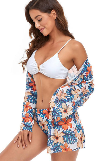 Addison® | White Print Beach Bikini and Blouse Set