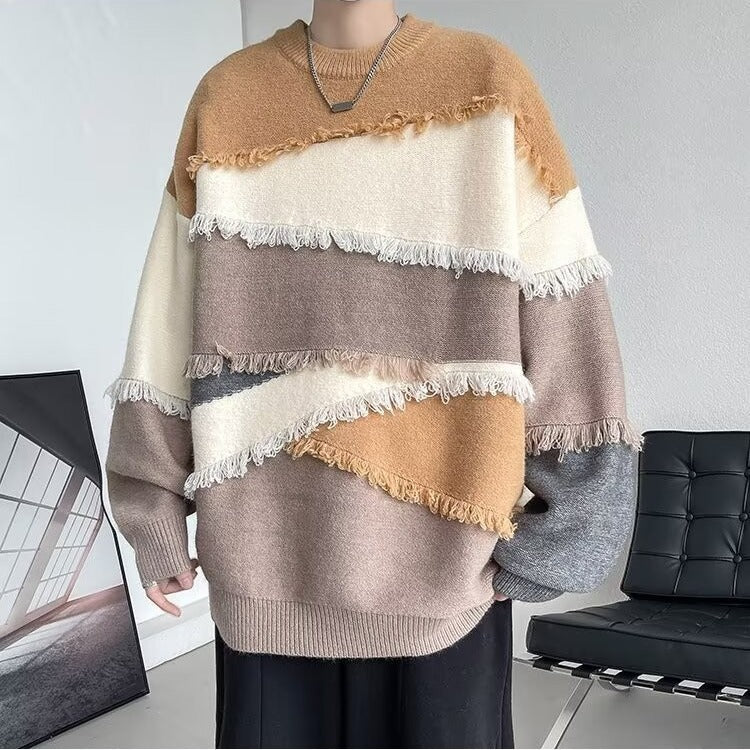 Italienischer Colorblock-Rundhals-Strickpullover mit Quasten und Patchwork, Herbst