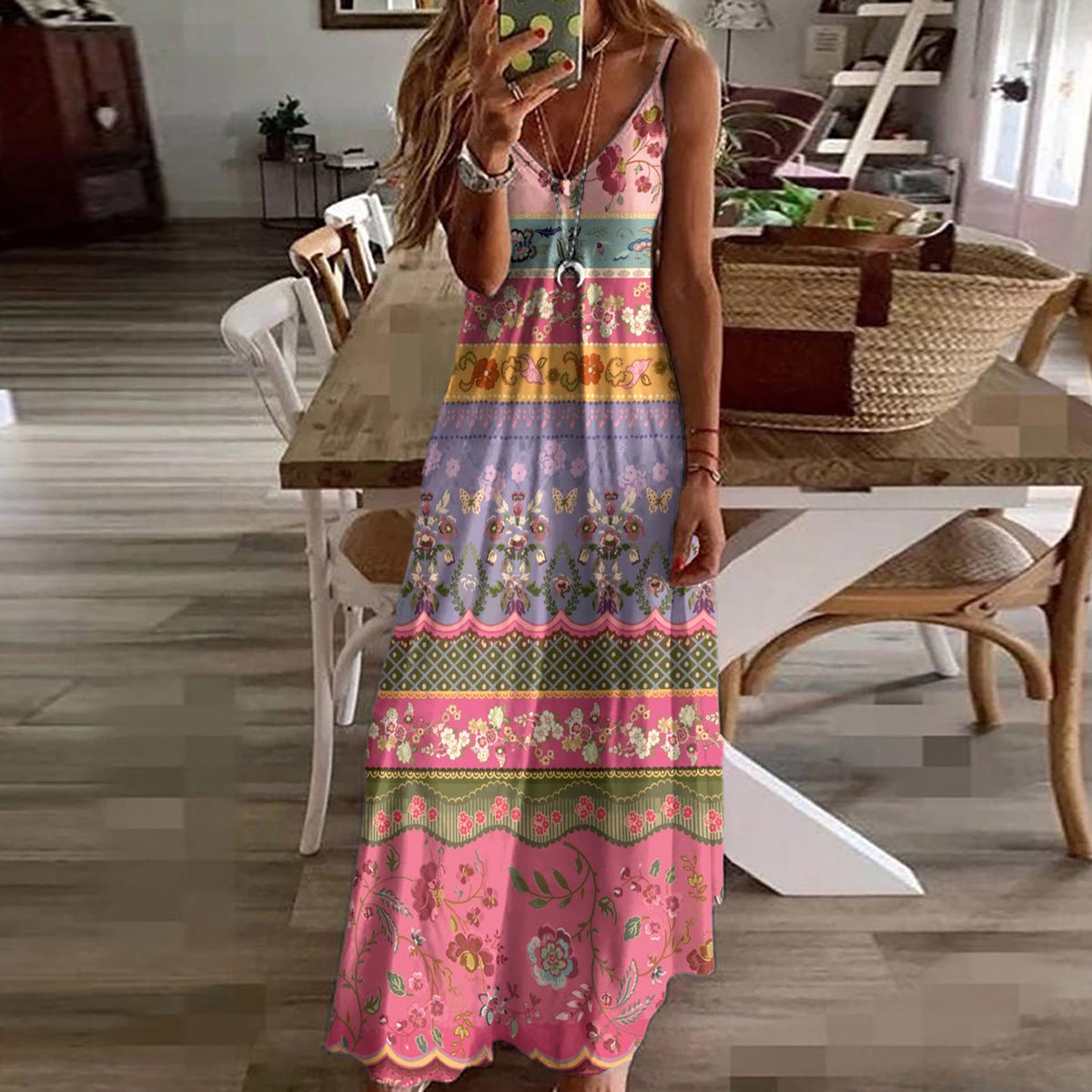 MW | Langes Cami Kleid mit Ethno-Print