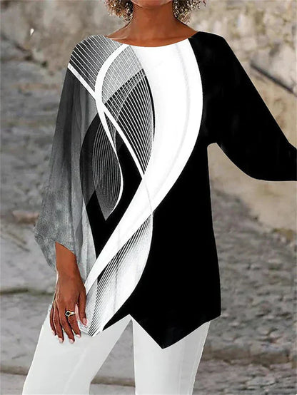 MW | Stylische geometrisch bedruckte Langarmbluse