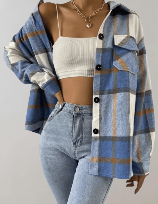 MW | Stilvoller blau karierter Damenmantel in Übergröße