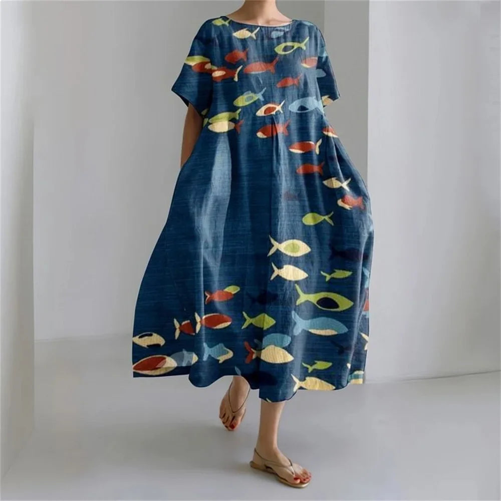 MW | Plus-Size Loose Fit Sommerkleid mit Tasche & O-Ausschnitt Elegantes Sommer Maxikleid