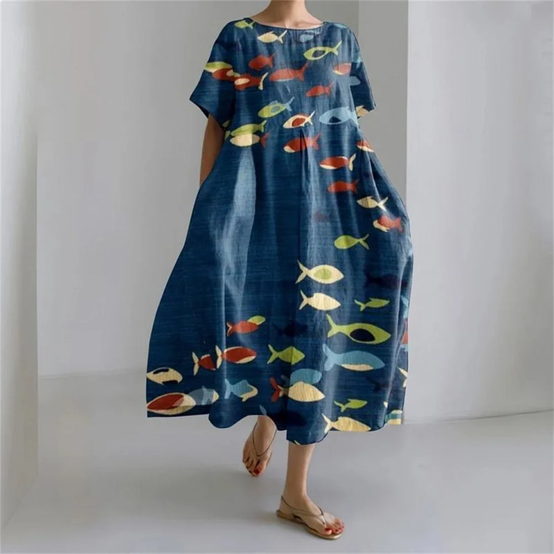 MW | Plus-Size Loose Fit Sommerkleid mit Tasche & O-Ausschnitt Elegantes Sommer Maxikleid