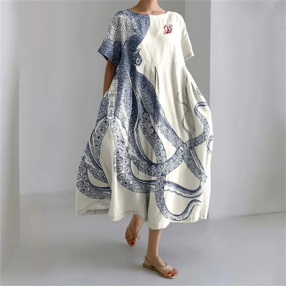 MW | Plus-Size Loose Fit Sommerkleid mit Tasche & O-Ausschnitt Elegantes Sommer Maxikleid