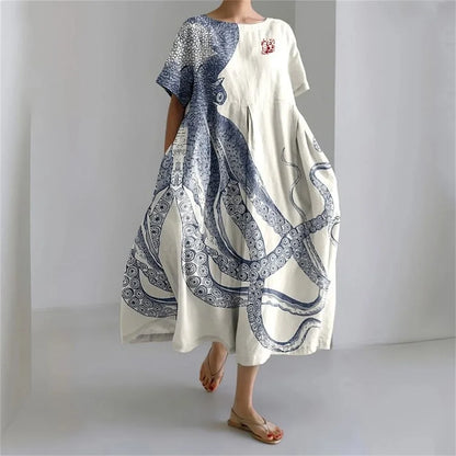 MW | Plus-Size Loose Fit Sommerkleid mit Tasche & O-Ausschnitt Elegantes Sommer Maxikleid