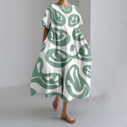 MW | Neue Sommer Frauenkleider Exquisite Elegante Rundhalsausschnitt Kurze Ärmel Lang Rosa Gepunktet Unregelmäßig Bedruckt Bequeme Midikleider