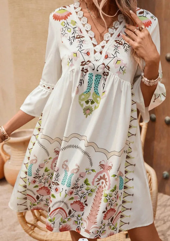 MW | 2025 Damen Kleid Sommerurlaub V-Ausschnitt Langarm Blumendruck Strand Partykleider Sexy Mini Kleidung Für Damen Vestidos