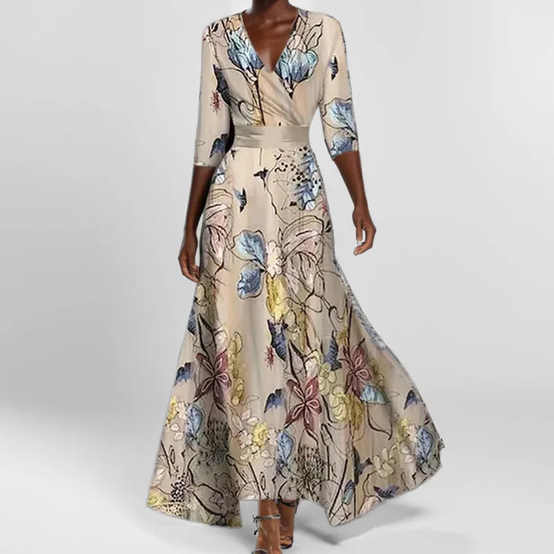 MW | Frühling Sommer Frauen Mode V Hals Belted Party Langes Kleid Sexy Druck Boho Maxi Kleider Kurzarm Tasche Femlae Urlaub