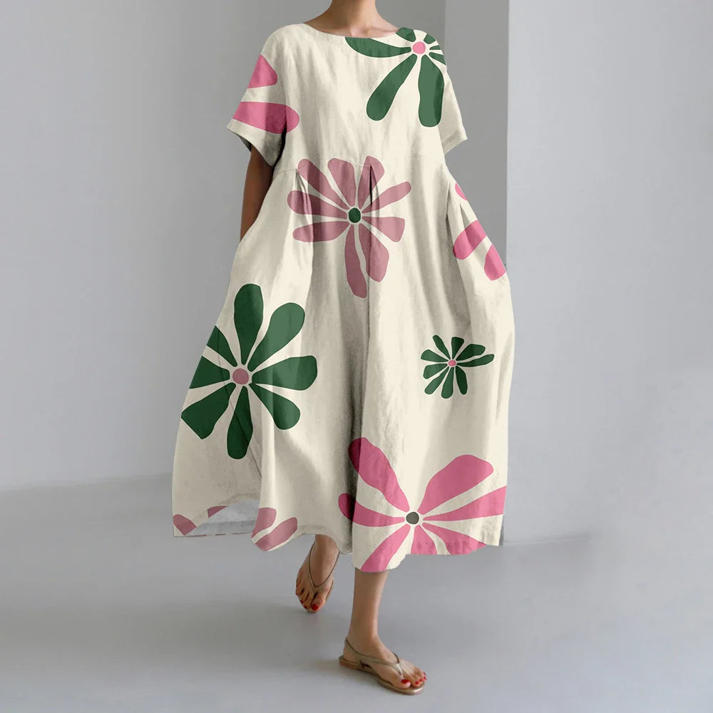 MW | Neue Sommer Frauenkleider Exquisite Elegante Rundhalsausschnitt Kurze Ärmel Lang Rosa Gepunktet Unregelmäßig Bedruckt Bequeme Midikleider