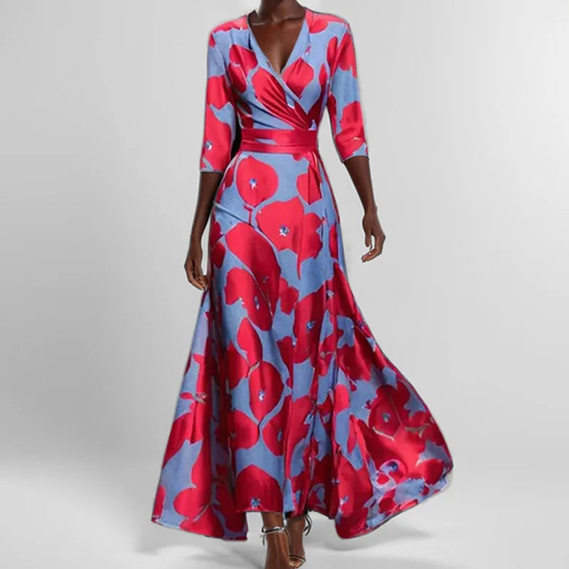 MW | Frühling Sommer Frauen Mode V Hals Belted Party Langes Kleid Sexy Druck Boho Maxi Kleider Kurzarm Tasche Femlae Urlaub
