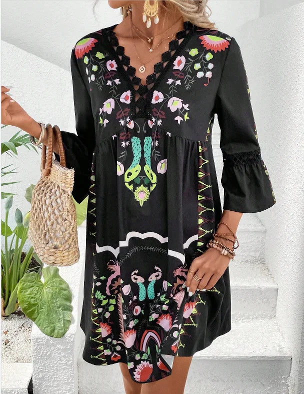 MW | 2025 Damen Kleid Sommerurlaub V-Ausschnitt Langarm Blumendruck Strand Partykleider Sexy Mini Kleidung Für Damen Vestidos