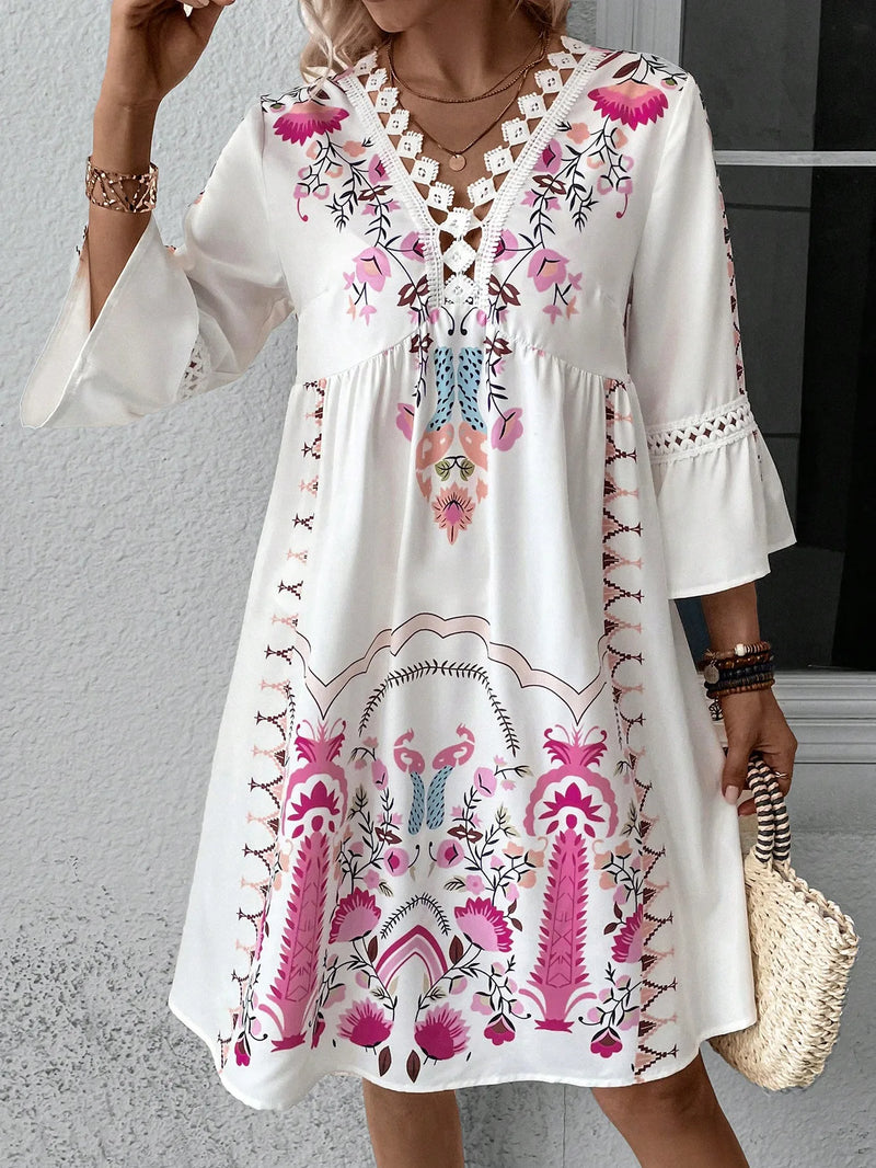 MW | 2025 Damen Kleid Sommerurlaub V-Ausschnitt Langarm Blumendruck Strand Partykleider Sexy Mini Kleidung Für Damen Vestidos