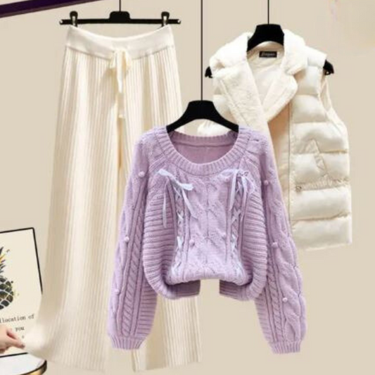MW | Dreiteilige Damen-Westenjacke, lockerer Pullover und weite Hosenbeine