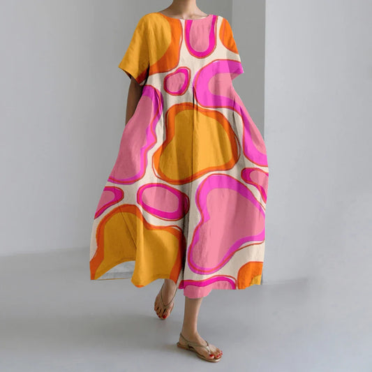 MW | Neue Sommer Frauenkleider Exquisite Elegante Rundhalsausschnitt Kurze Ärmel Lang Rosa Gepunktet Unregelmäßig Bedruckt Bequeme Midikleider