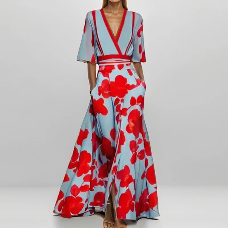 MW | Frühling Sommer Frauen Mode V Hals Belted Party Langes Kleid Sexy Druck Boho Maxi Kleider Kurzarm Tasche Femlae Urlaub