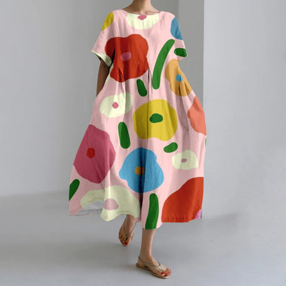 MW | Neue Sommer Frauenkleider Exquisite Elegante Rundhalsausschnitt Kurze Ärmel Lang Rosa Gepunktet Unregelmäßig Bedruckt Bequeme Midikleider