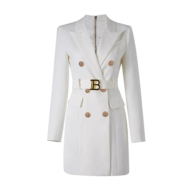 MW | klassisches Blazerkleid für das Büro mit Gürtel und Luxusknöpfen