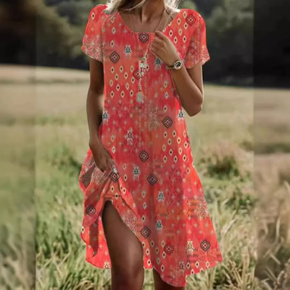 MW | Sommer Bohème Kleider für Frauen V-Ausschnitt Kurze Ärmel Blume gedruckt Strand Urlaub Kleid Frauen Maxi-Kleider Boho