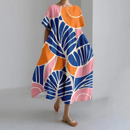 MW | Neue Sommer Frauenkleider Exquisite Elegante Rundhalsausschnitt Kurze Ärmel Lang Rosa Gepunktet Unregelmäßig Bedruckt Bequeme Midikleider