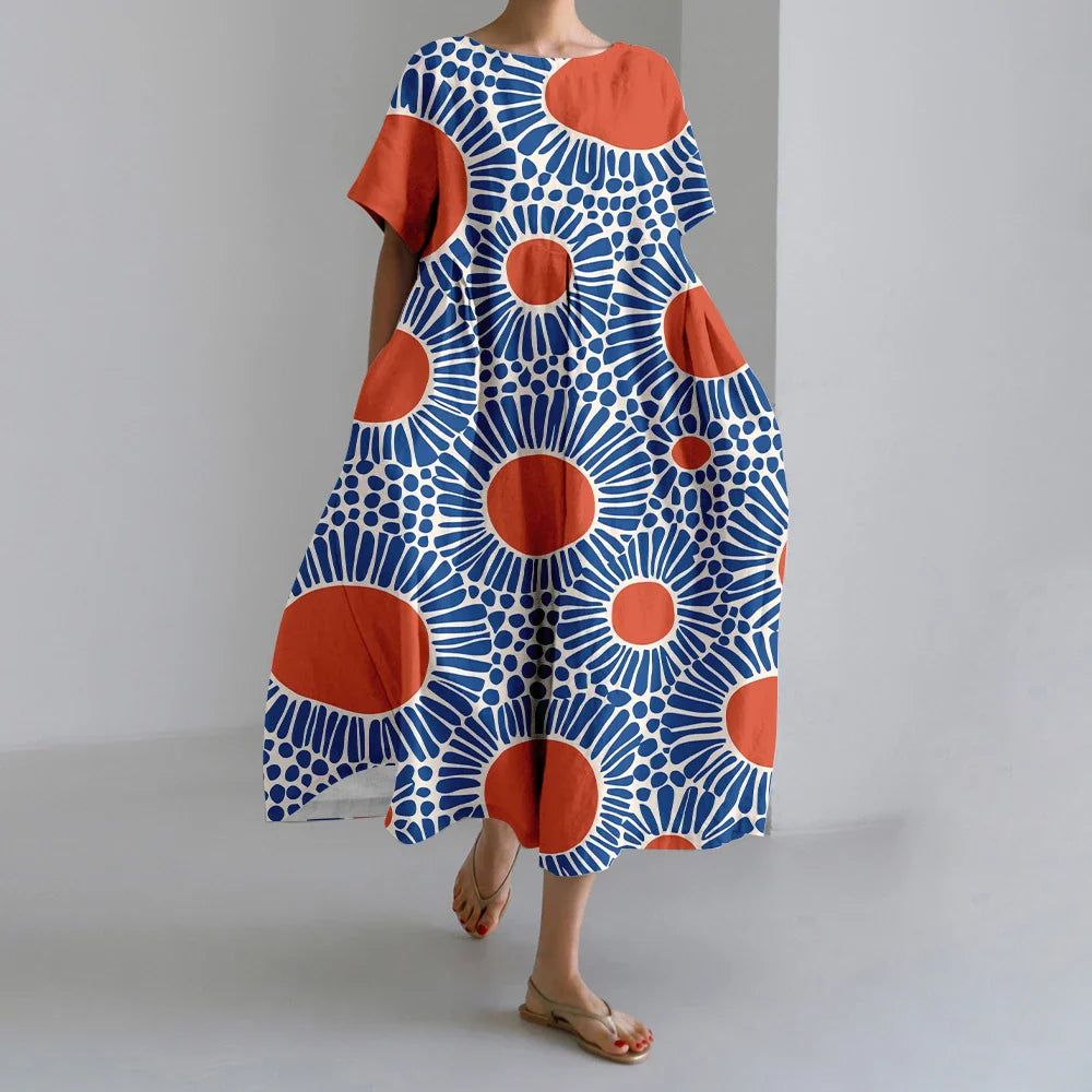 MW | Neue Sommer Frauenkleider Exquisite Elegante Rundhalsausschnitt Kurze Ärmel Lang Rosa Gepunktet Unregelmäßig Bedruckt Bequeme Midikleider