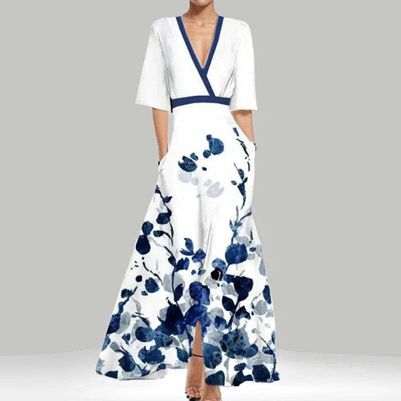 MW | Frühling Sommer Frauen Mode V Hals Belted Party Langes Kleid Sexy Druck Boho Maxi Kleider Kurzarm Tasche Femlae Urlaub
