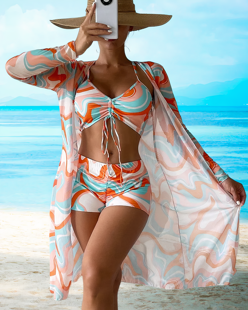 Fabiola® | Printed High Waist Cover Up Bikini Set