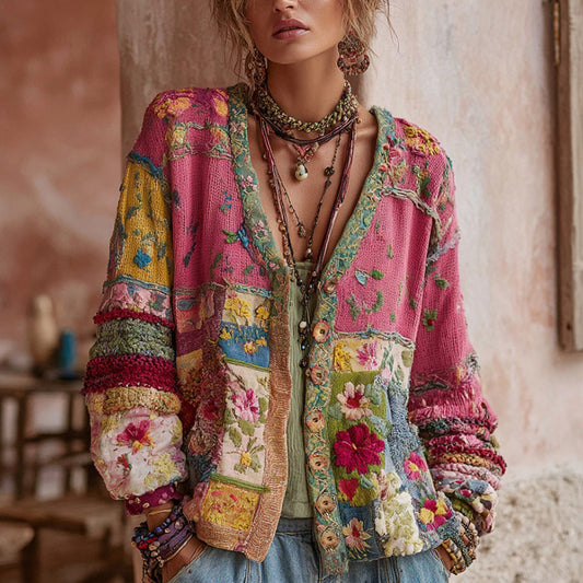 Women's Vintage Bohemian Floral Embroidery Patchwork Art V Neck Cardigan Sweater elevenforest