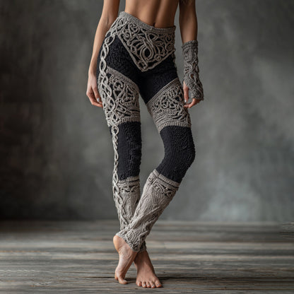 Vintage Viking Celtic Knot Art Knit Jacquard Cozy Leggings artswardrobe