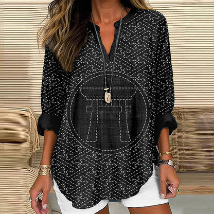 Comstylish Japanese Traditional Torii Pattern Cozy Linen Tunic