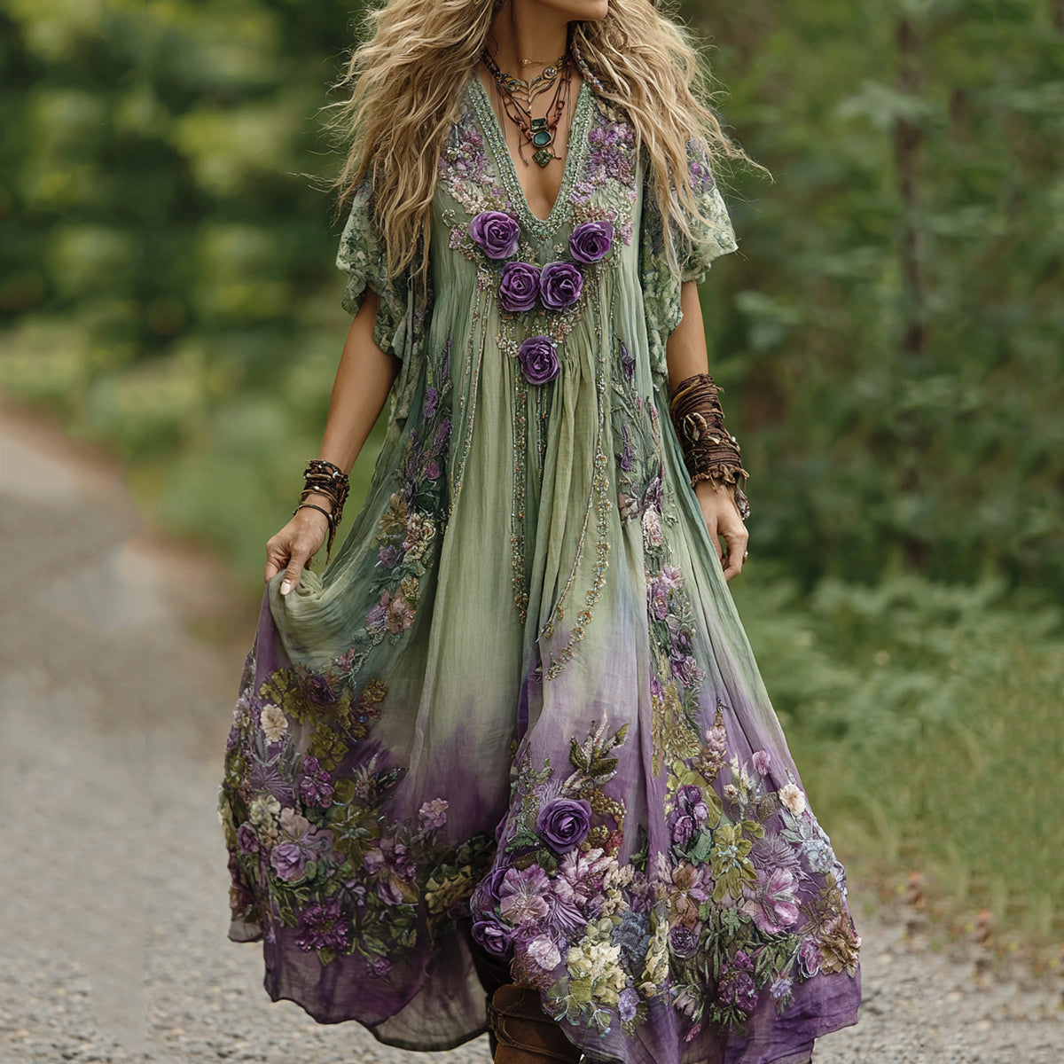 Vintage Green And Purple  Lavender Patchwork And Floral Embroidered Art Linen Maxi Dress artswardrobe