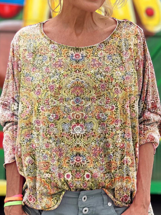 Women's Vintage Ethnic Floral Art Print Casual Long Sleeve T-shirt