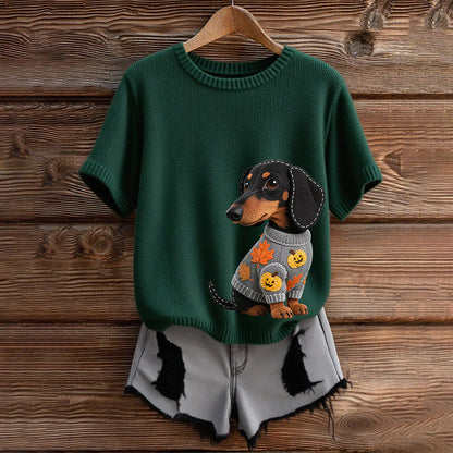 Classic Autumn Dachshund With Felt In Autumn Inspired Embroidered Short Sleeve Cozy Knit Sweater artswardrobe