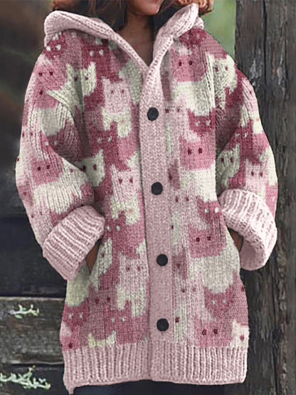 Pink Crowded Cats Knit Art Cozy Hooded Cardigan elevenforest