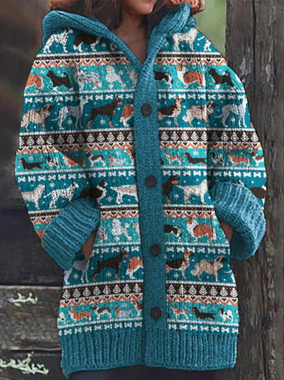 Dogs Of Breeds Inspired Cozy Knit Hooded Isle Cardigan artswardrobe