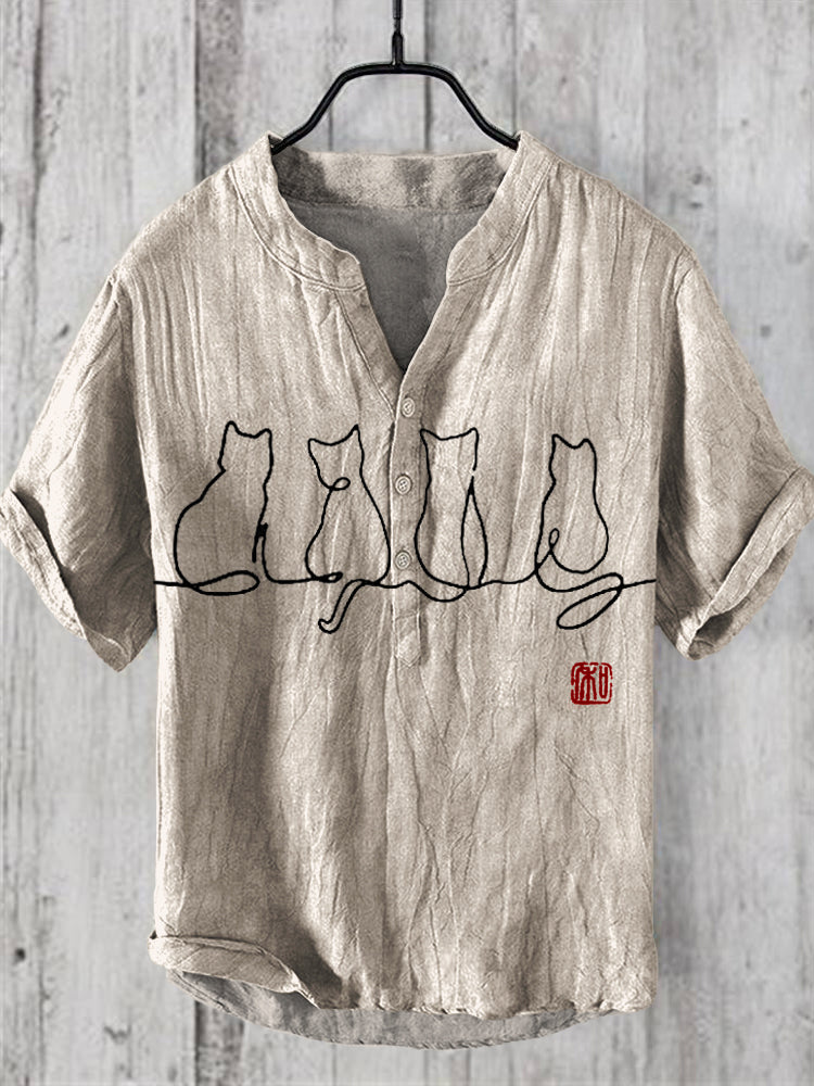 Japanese Cat Print Men's Linen V-Neck Shirt elevenforest