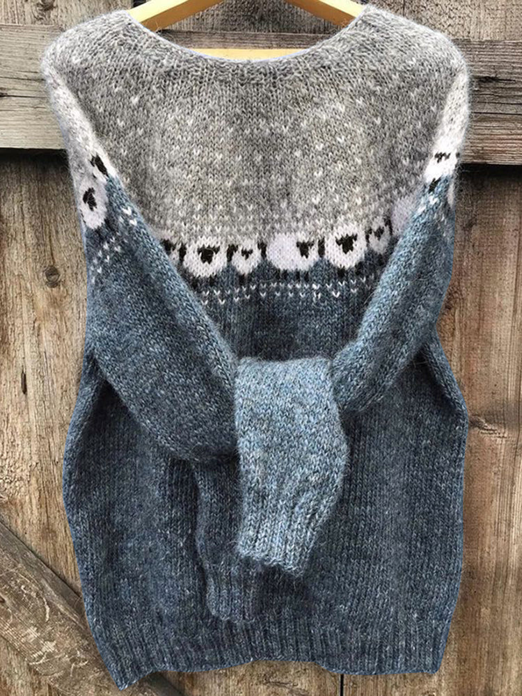 Baumwollpullover mit grasendem Schaf-Muster